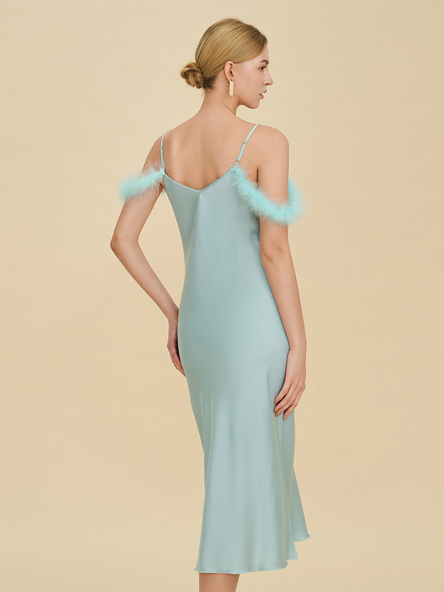 Light Blue Satin Midi Slip Dress with Feather Trim