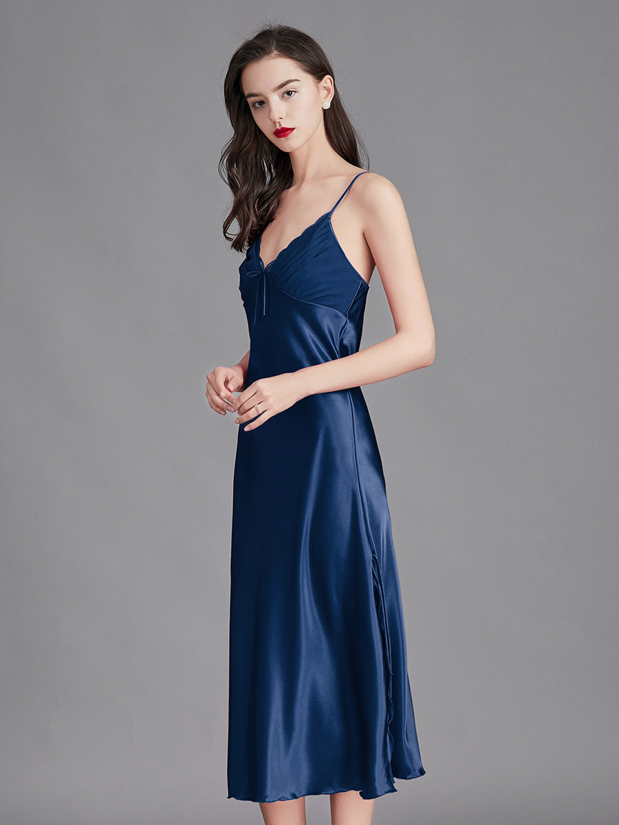 Navy Blue Satin Lace Trim Slip Dress