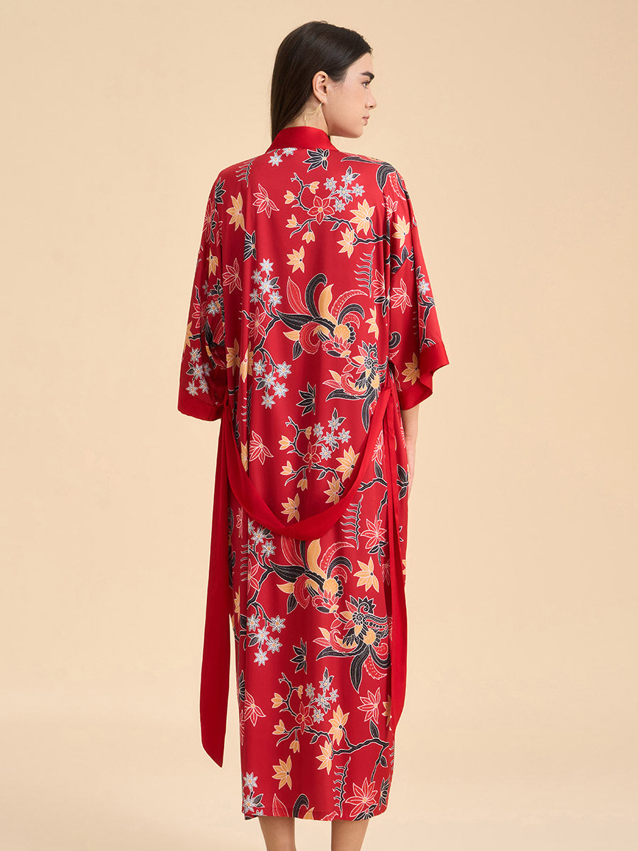 Oriental Floral Satin Kimono Robe