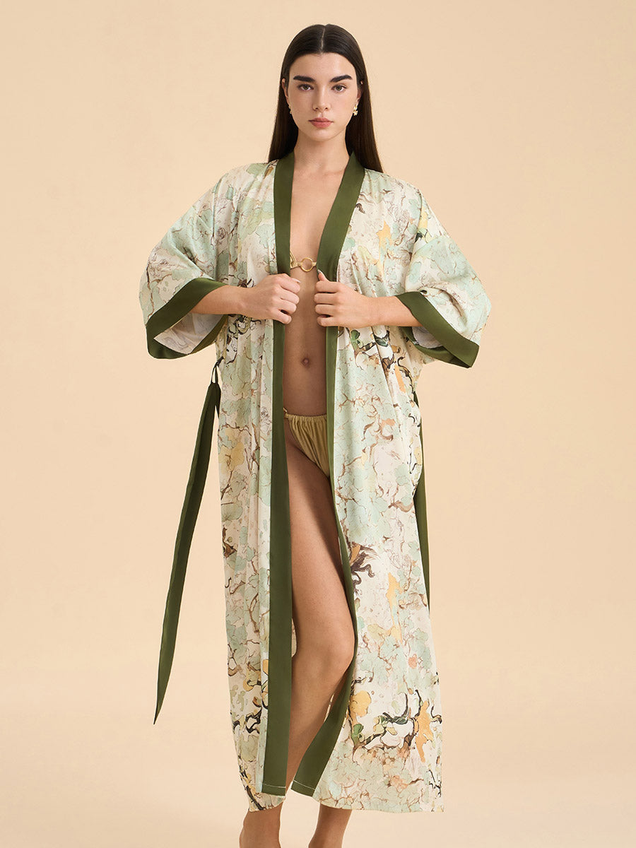 Ink Wash Botanical Satin Kimono Robe