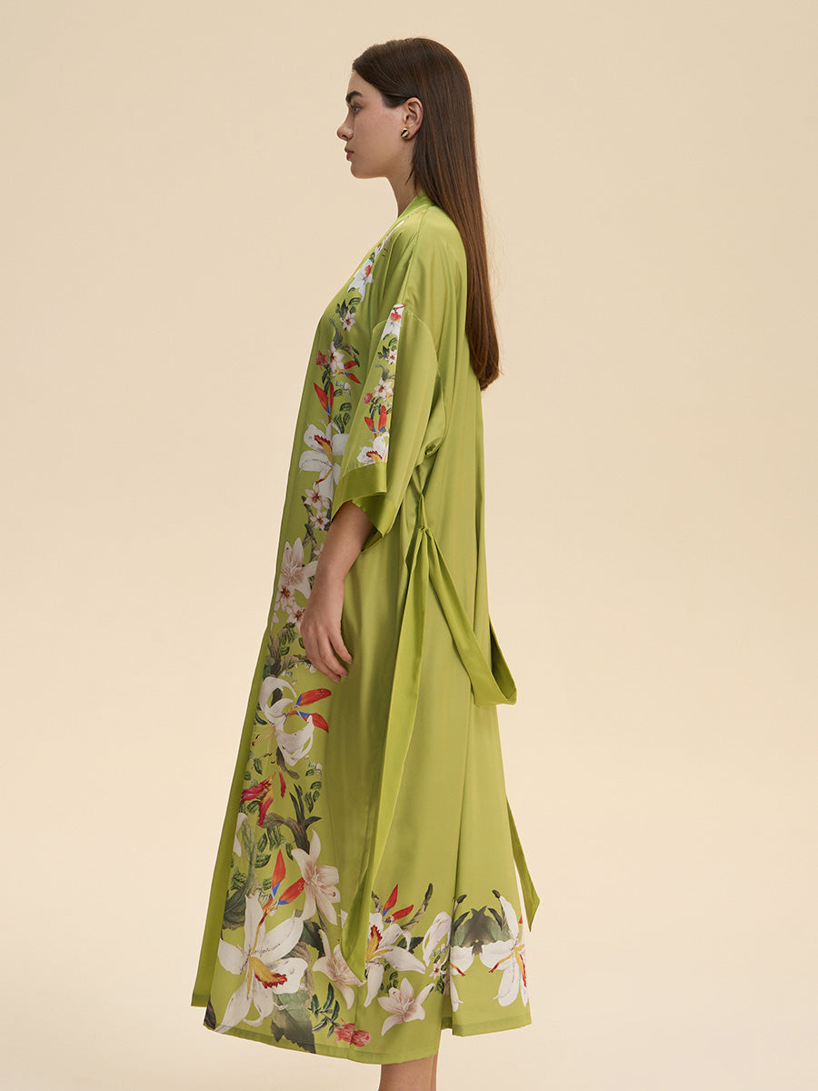 Lily Print Satin Kimono Robe