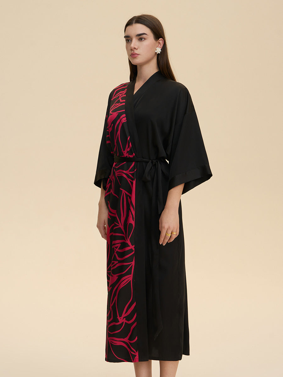 Colorblock Botanical Satin Kimono Robe