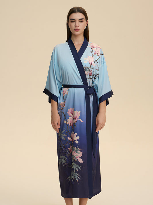 Magnolia Print Ombre Satin Kimono Robe