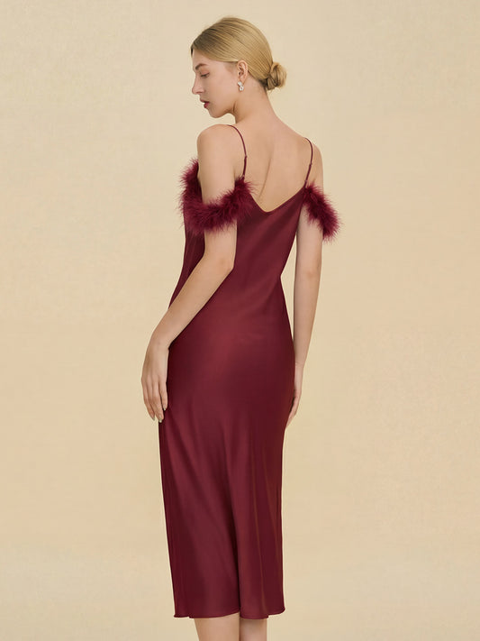 Burgundy Satin Midi Slip Dress with Feather Trim