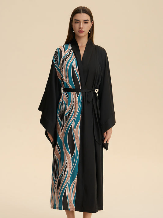 Black Abstract Wave Print Satin Kimono Robe