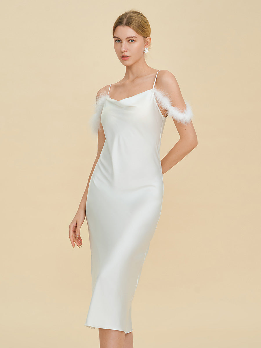 White Satin Midi Slip Dress with Feather Trim