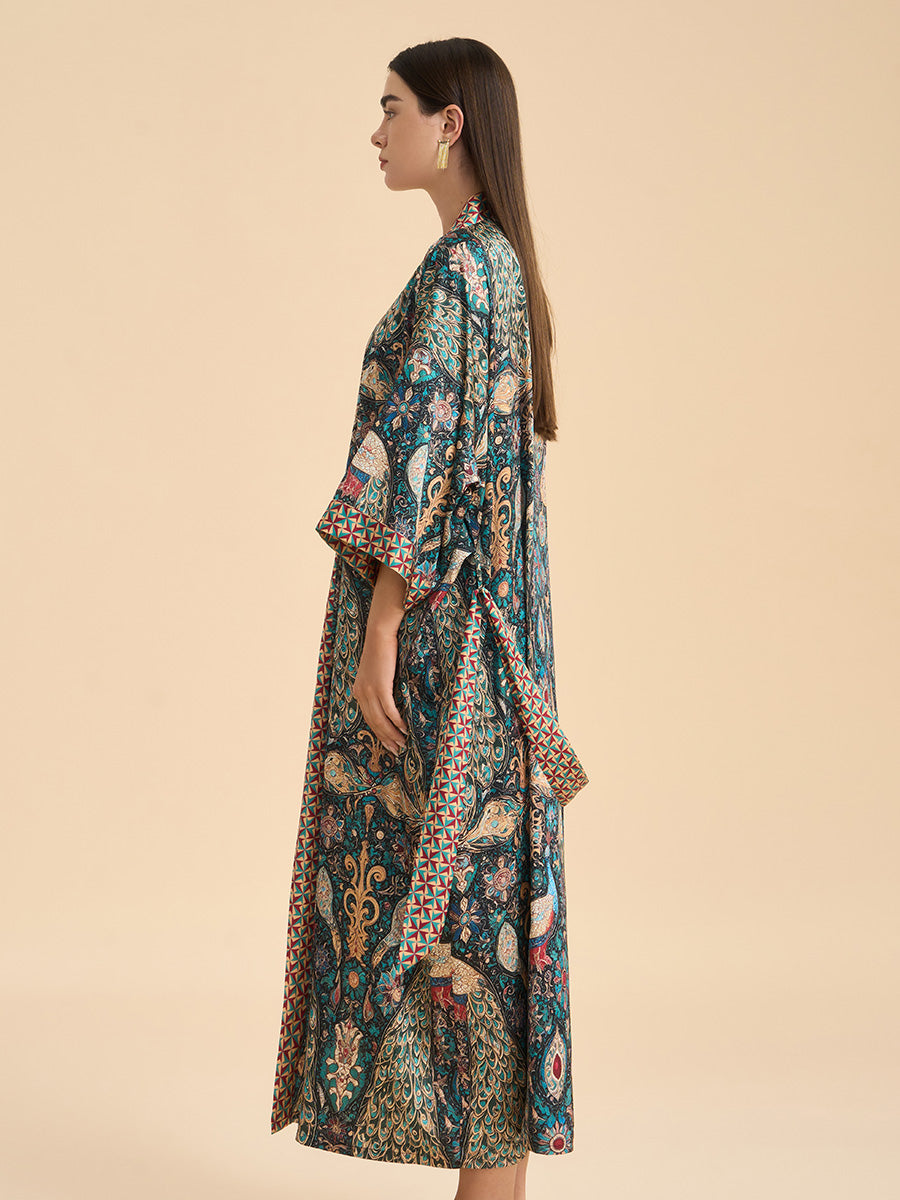 Peacock Print Satin Kimono Robe