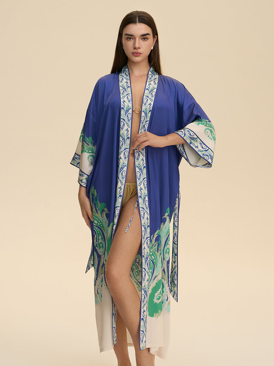 Royal Blue Paisley Satin Kimono Robe