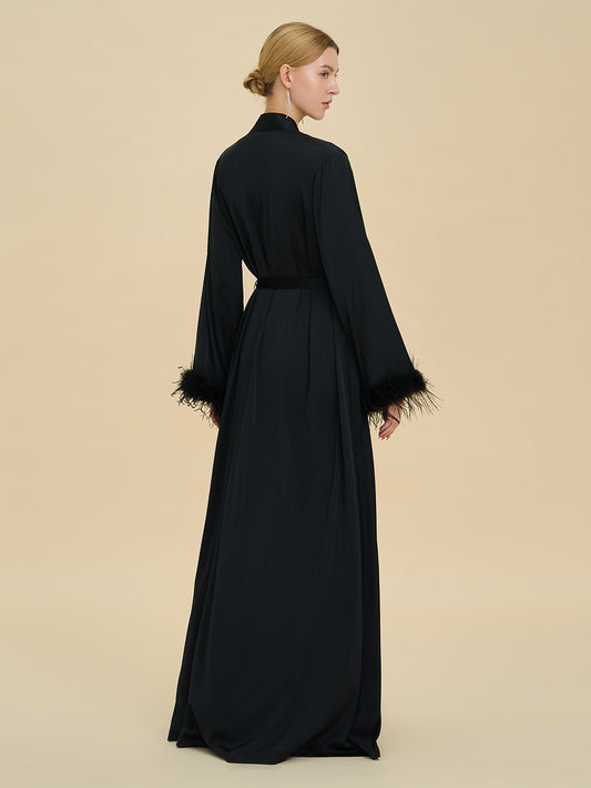 Black Satin Maxi Robe with Feather Cuffs