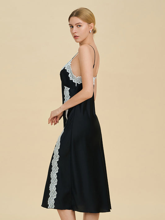 Black Satin Midi Slip Dress with Contrast Lace Trim