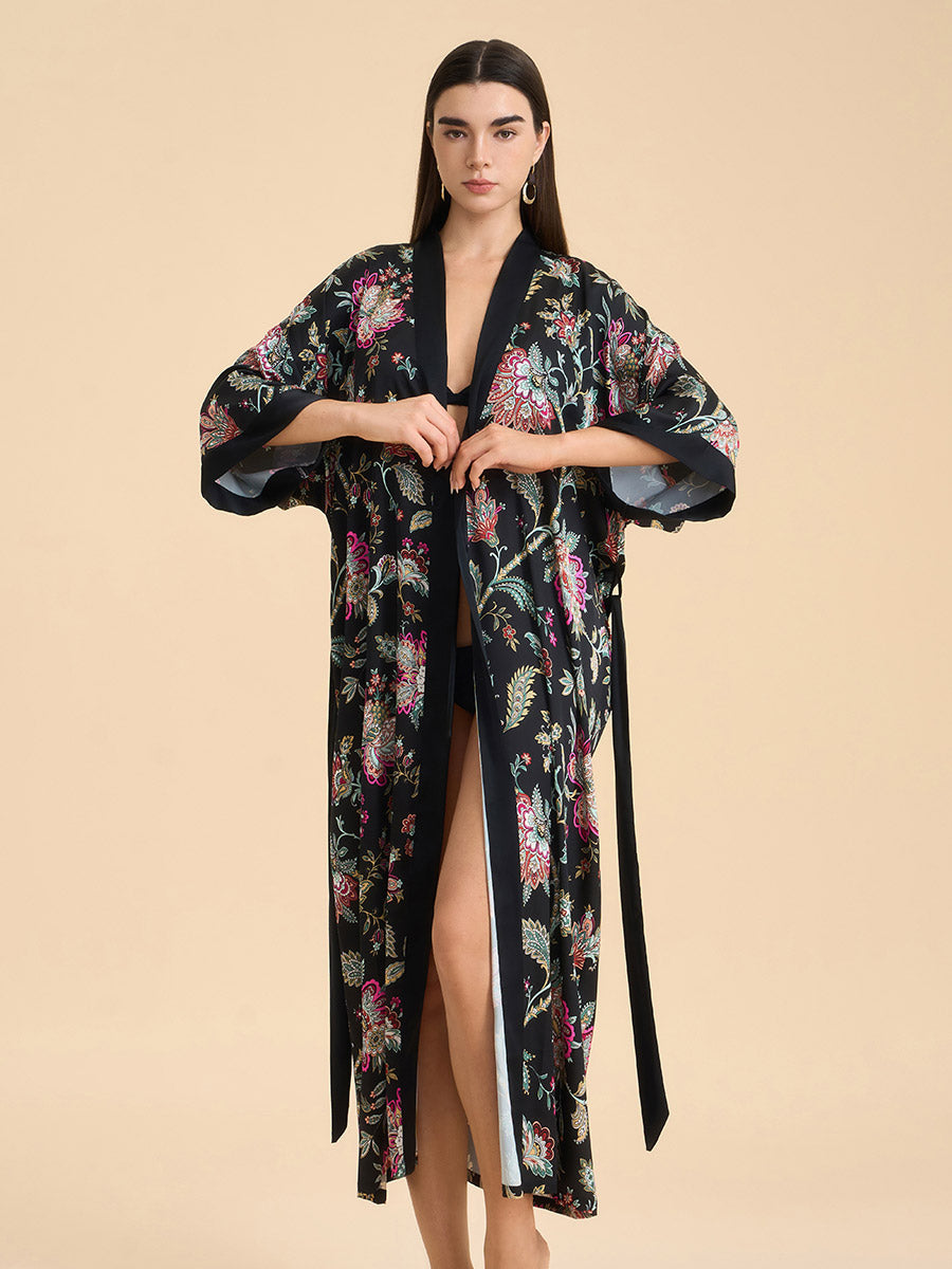 Midnight Floral Satin Kimono Robe