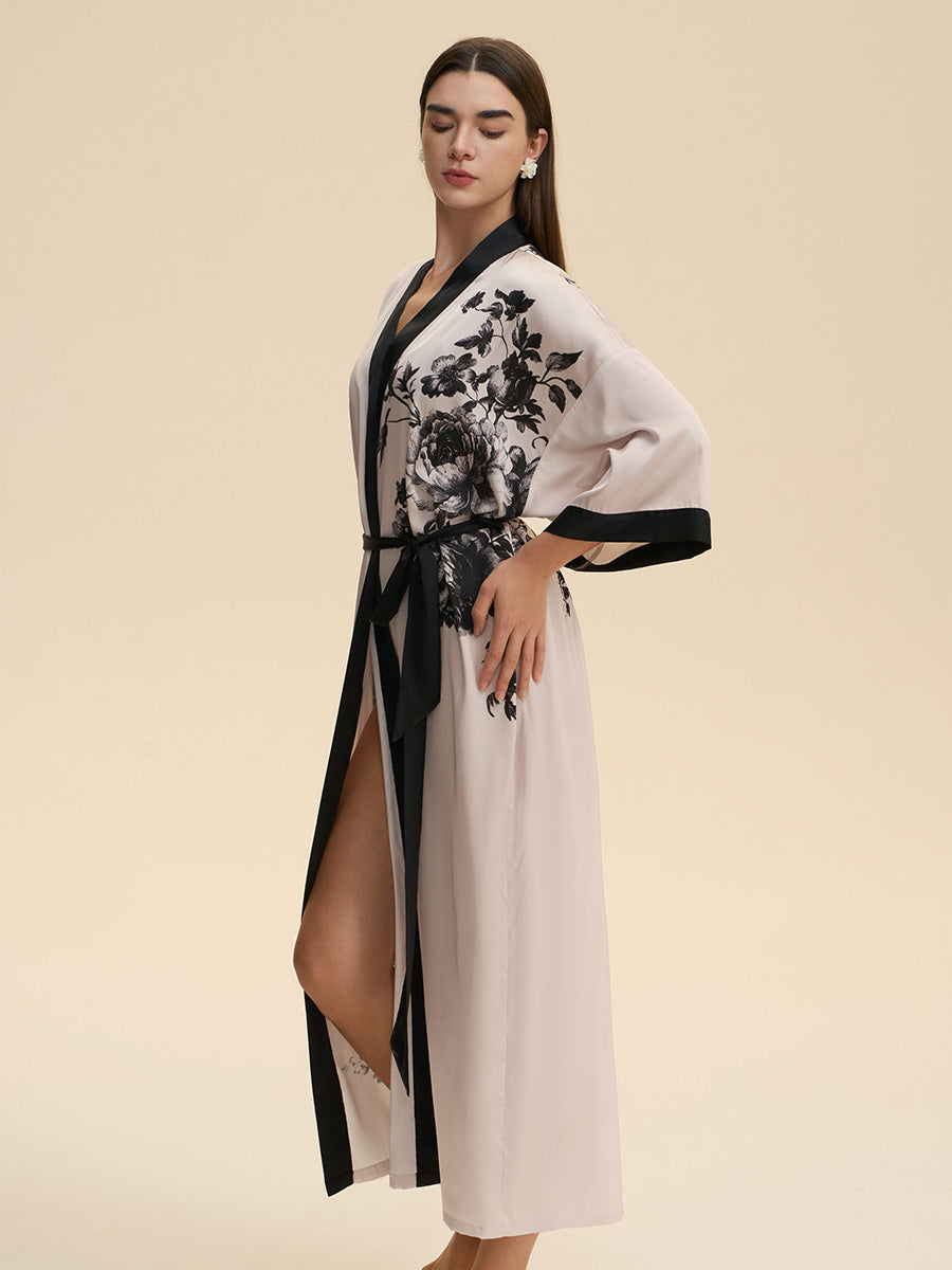 Monochrome Floral Satin Kimono Robe