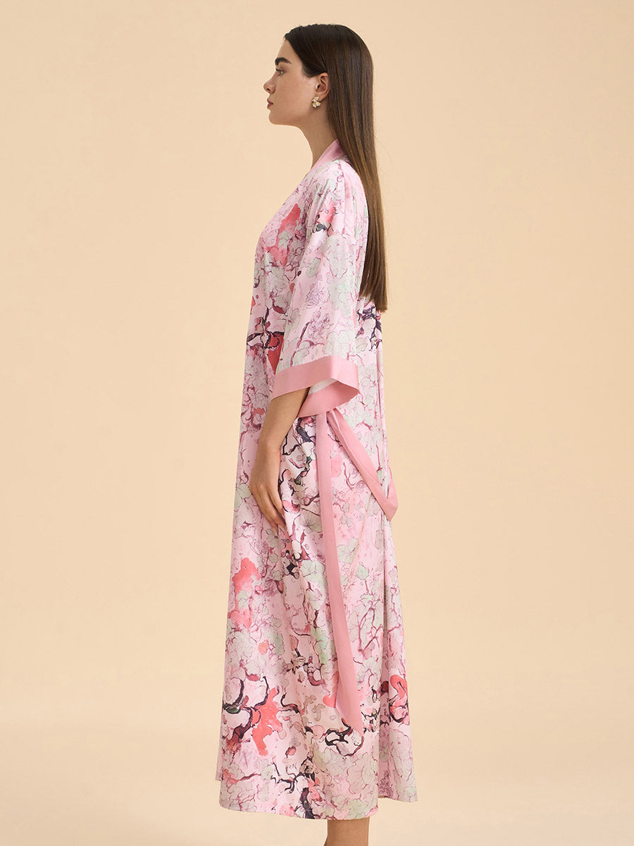 Pink Oriental Vine Satin Kimono Robe