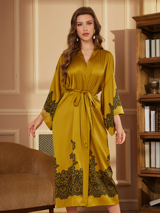 Gold Lace Satin Kimono Robe