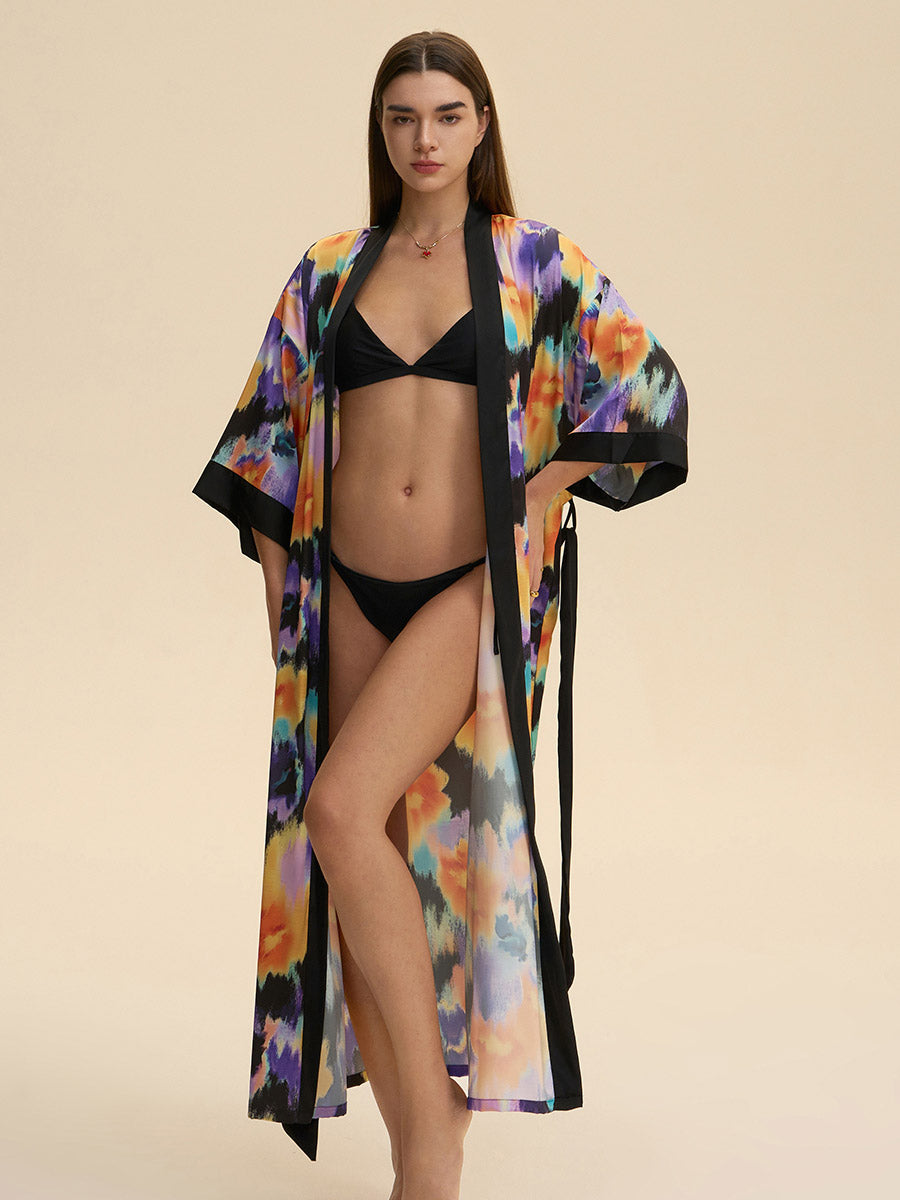 Tie-Dye Floral Satin Kimono Robe