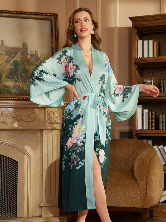 Gradient Peony Satin Kimono Robe