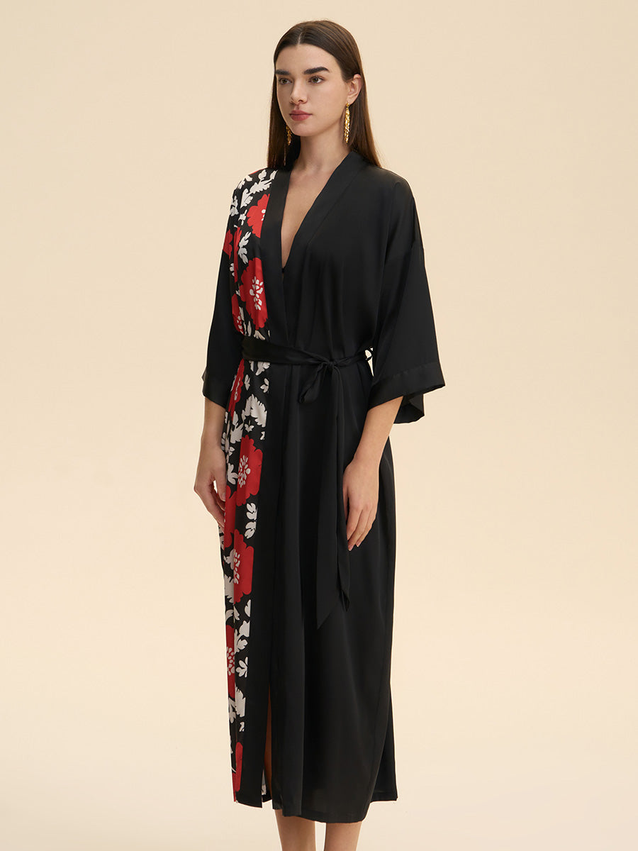 Bold Floral Colorblock Satin Kimono Robe