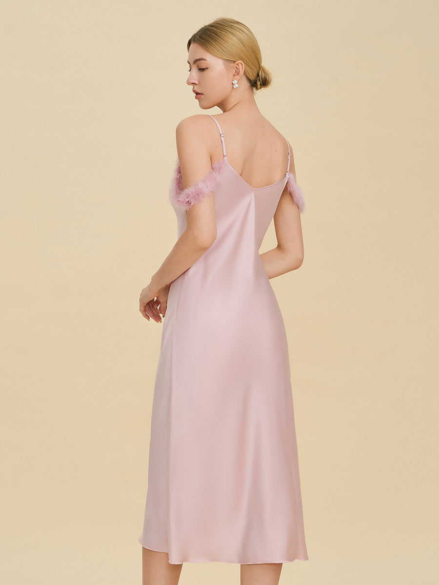 Blush Pink Satin Midi Slip Dress with Feather Trim