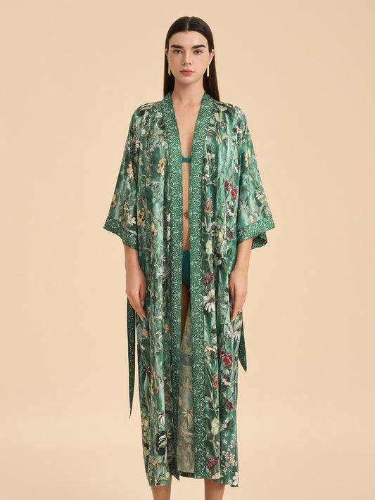 Botanical Print Satin Kimono Robe