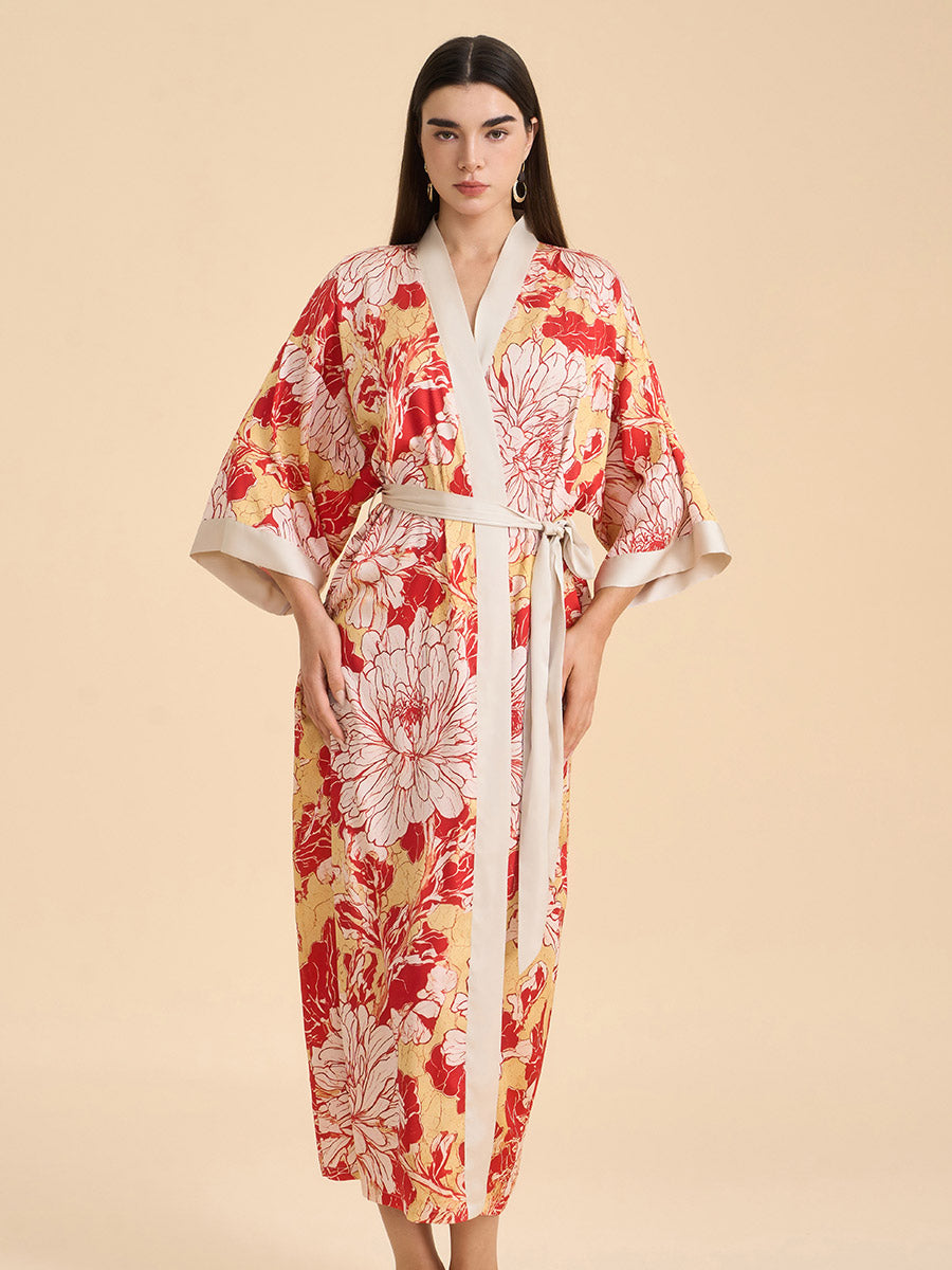 Deconstructed Peony Satin Kimono Robe