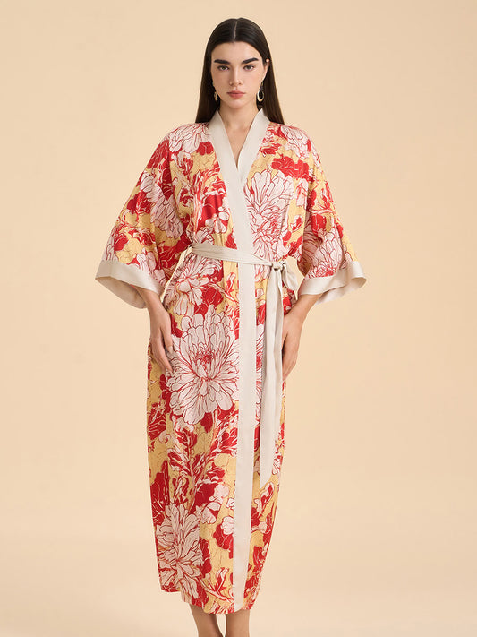 Deconstructed Peony Satin Kimono Robe