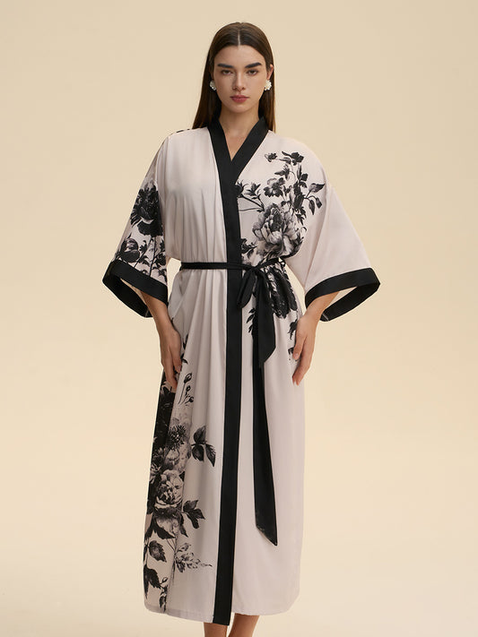 Monochrome Floral Satin Kimono Robe