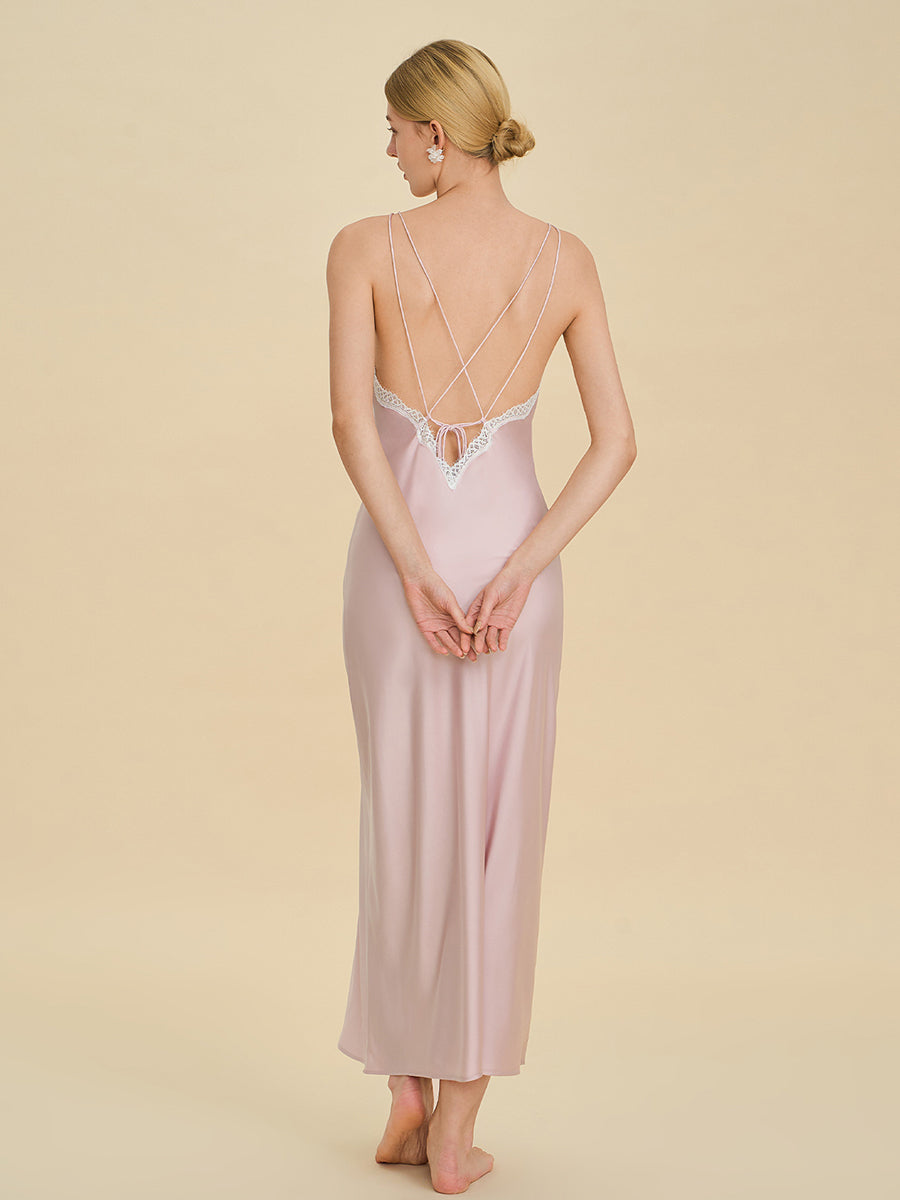 Blush Pink Satin Maxi Slip Dress with Lace Trim