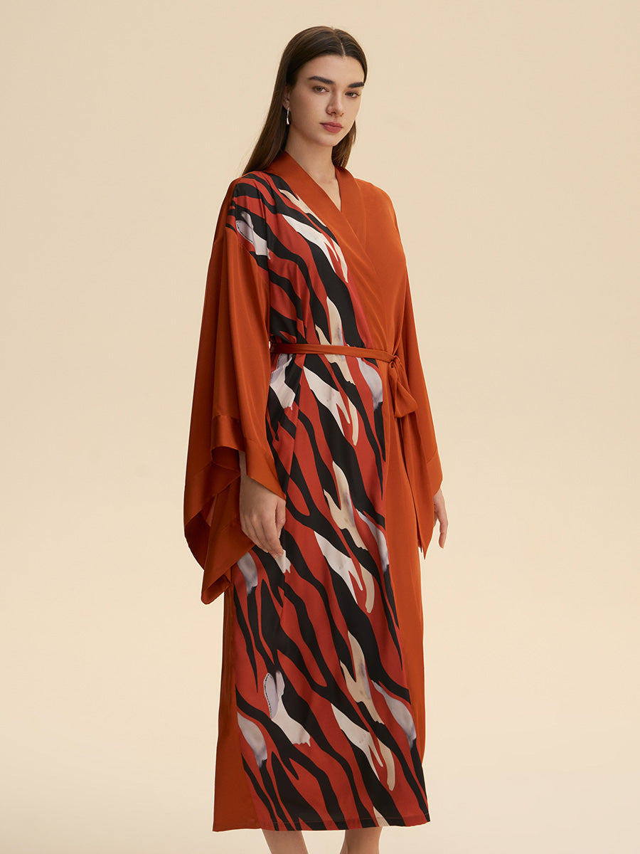Rust Abstract Stripe Print Satin Kimono Robe