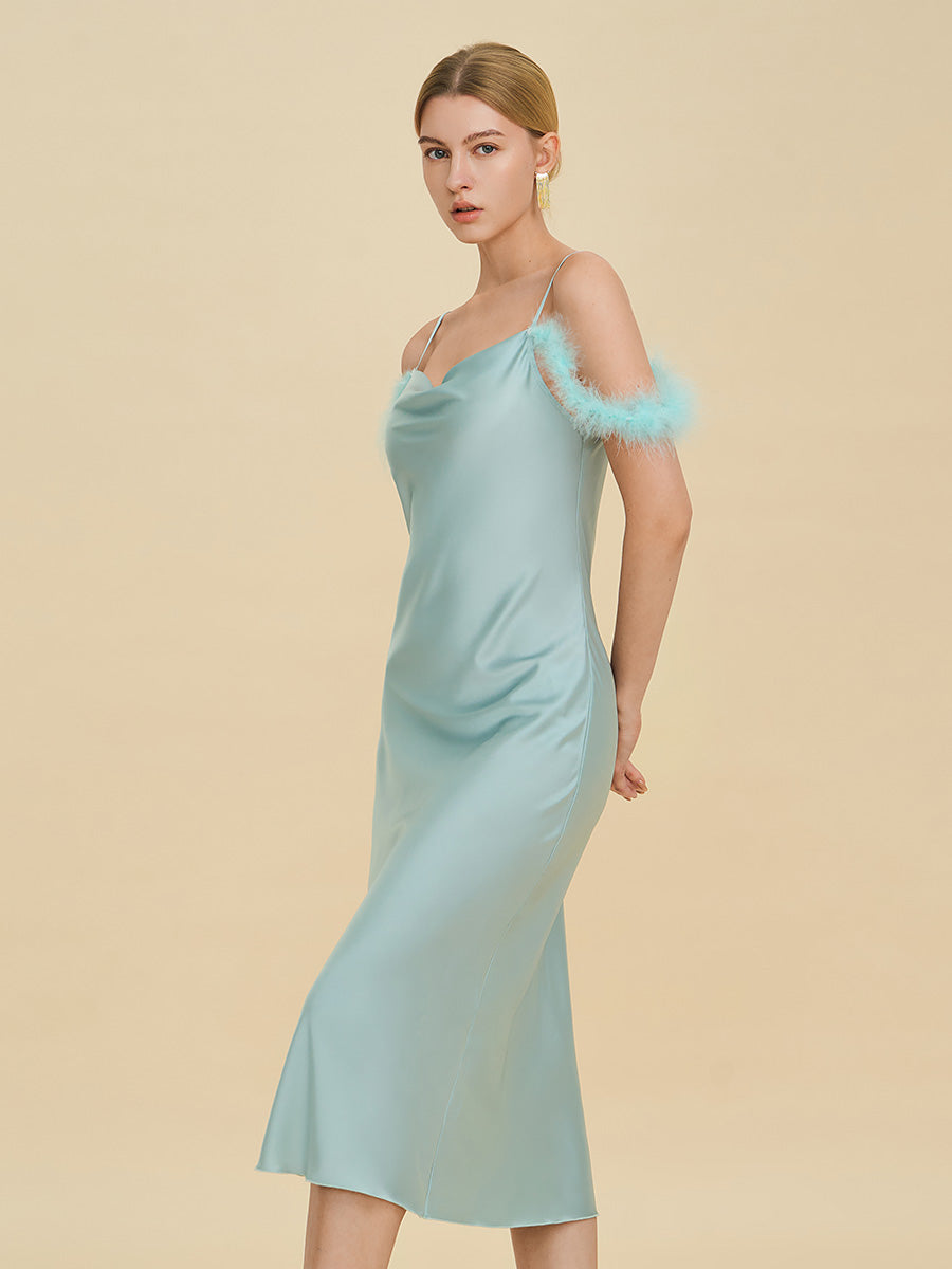 Light Blue Satin Midi Slip Dress with Feather Trim