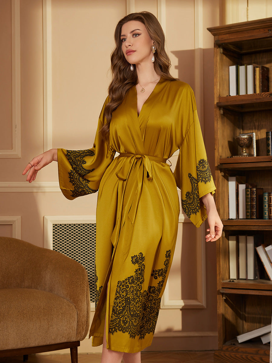 Gold Lace Satin Kimono Robe