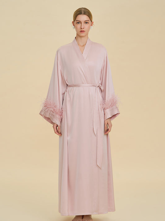 Blush Pink Satin Maxi Robe with Feather Cuffs