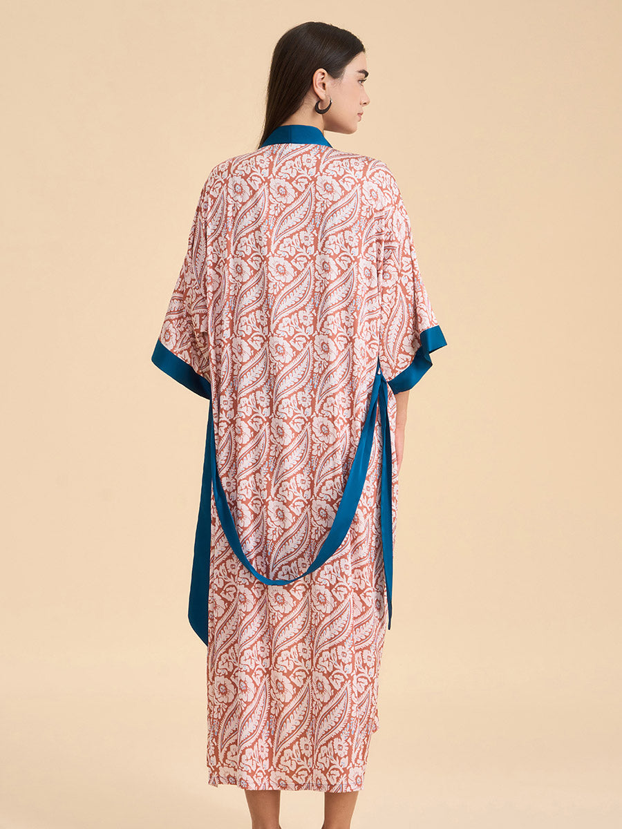 Paisley Contrast Trim Satin Kimono Robe