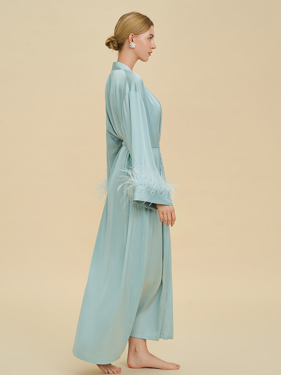 Light Blue Satin Maxi Robe with Feather Cuffs