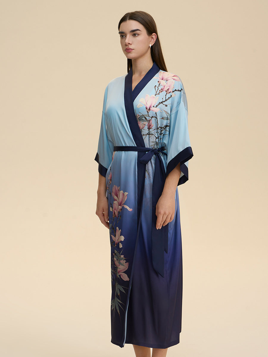 Magnolia Print Ombre Satin Kimono Robe