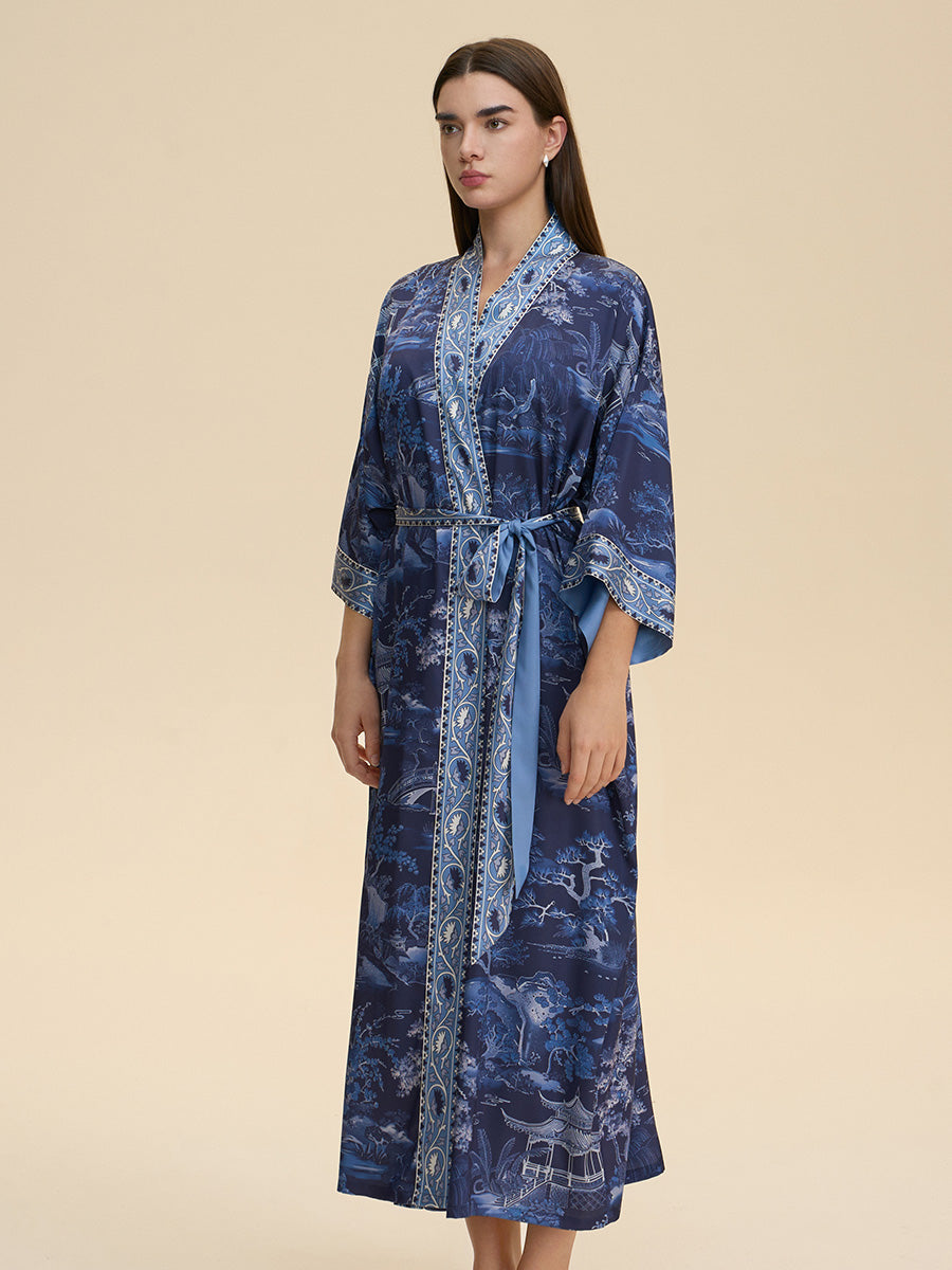 Blue Willow Landscape Satin Kimono Robe