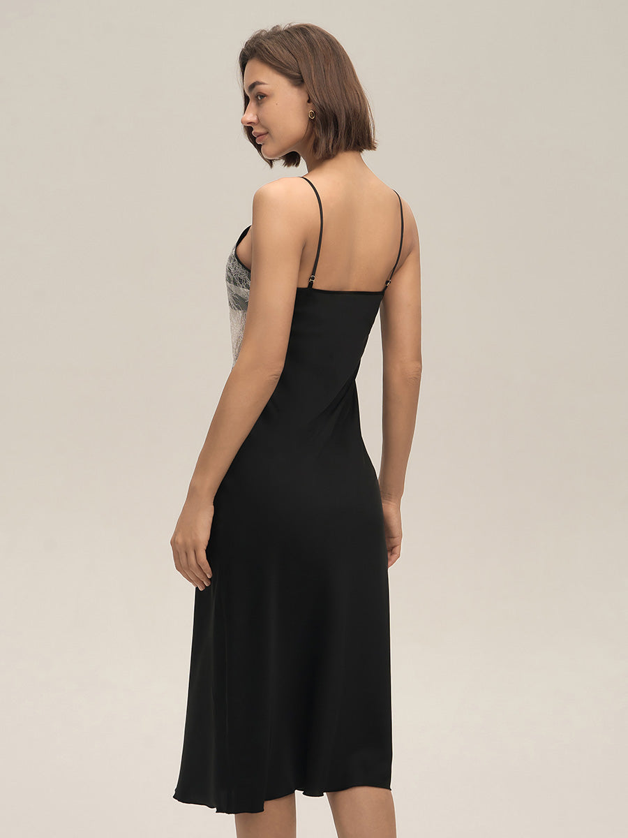 Black Lace Satin Midi Slip Dress