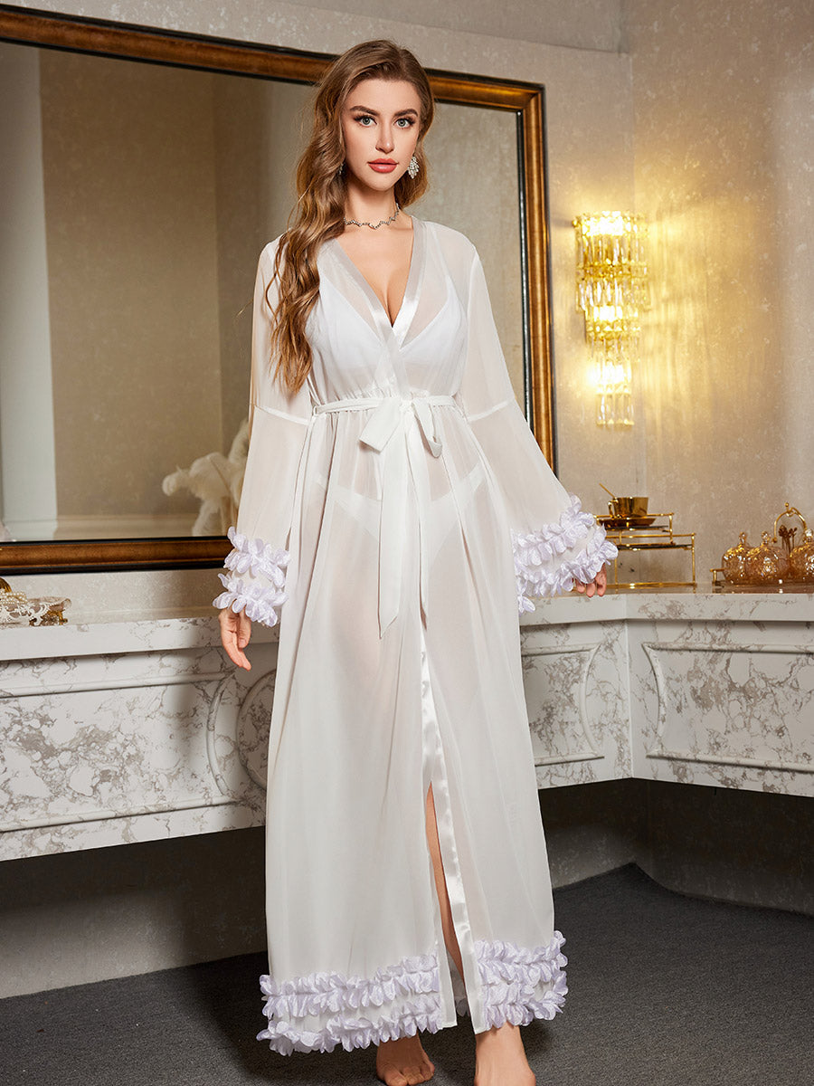 Sheer Ruffle Trim Robe with Bell Sleeves