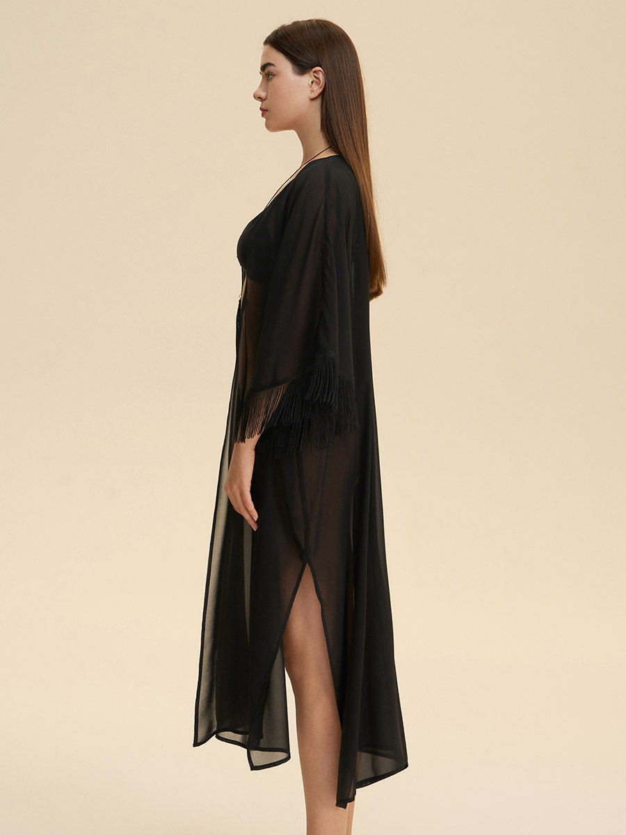 Fringe Trim Sheer Cover-Up Robe