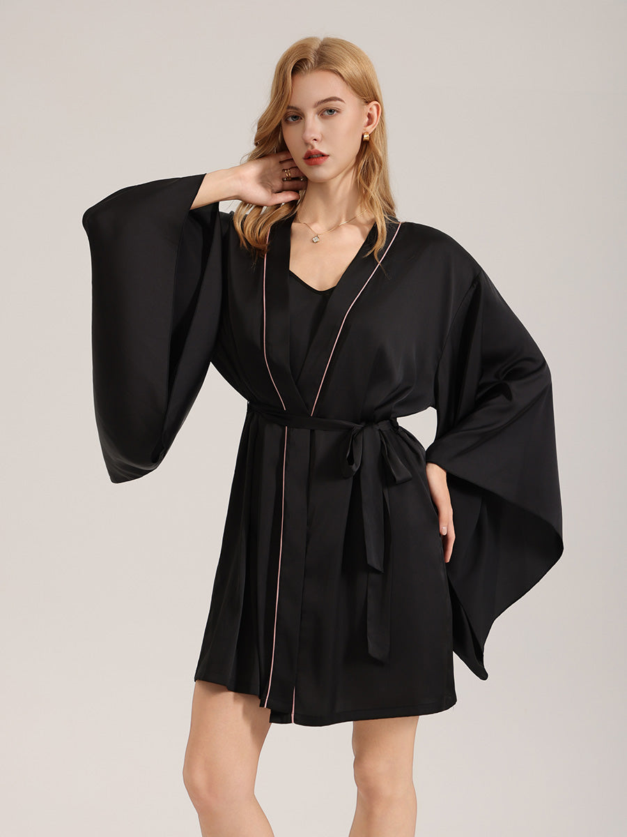Black Satin Robe with Pink Piping