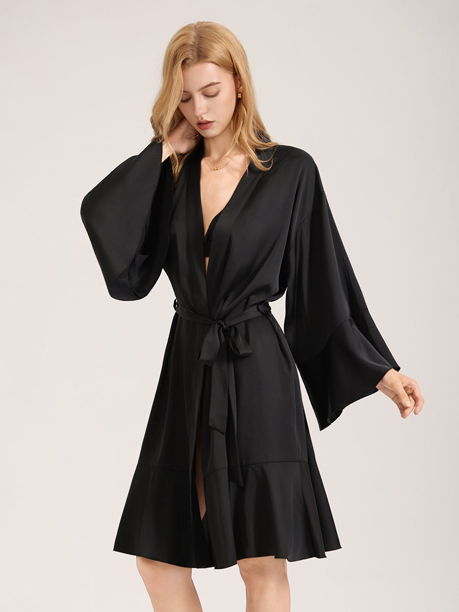 Black Satin Ruffle Hem Robe