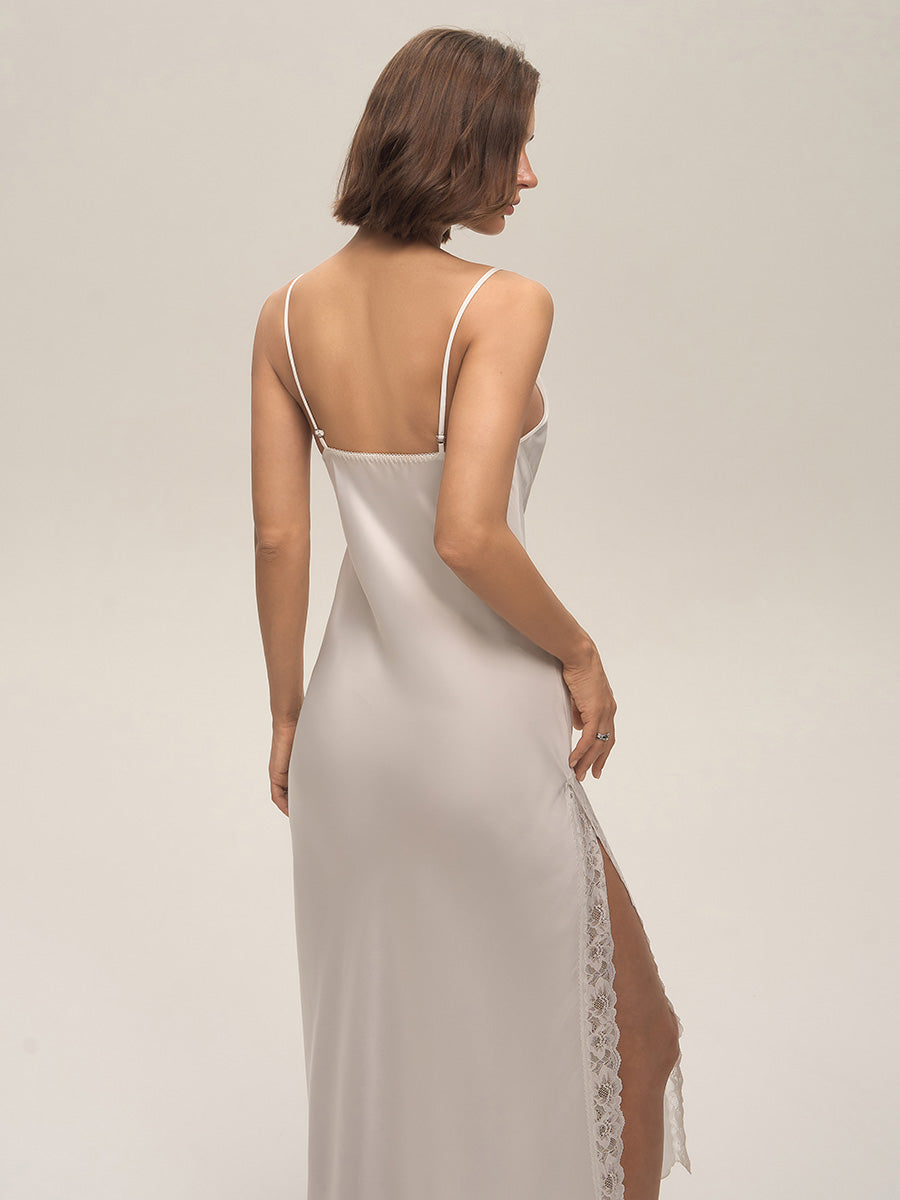 Ivory Cowl Neck Lace Satin Midi Slip Dress