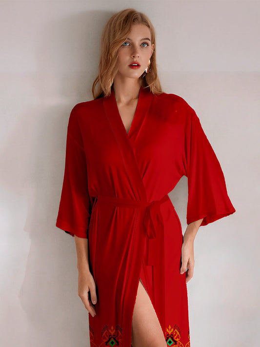 Red Ethnic Print Satin Kimono Robe