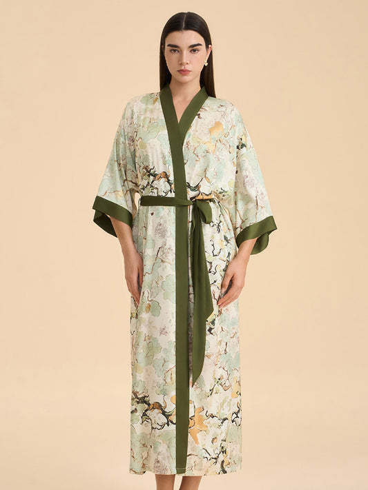 Ink Wash Botanical Satin Kimono Robe