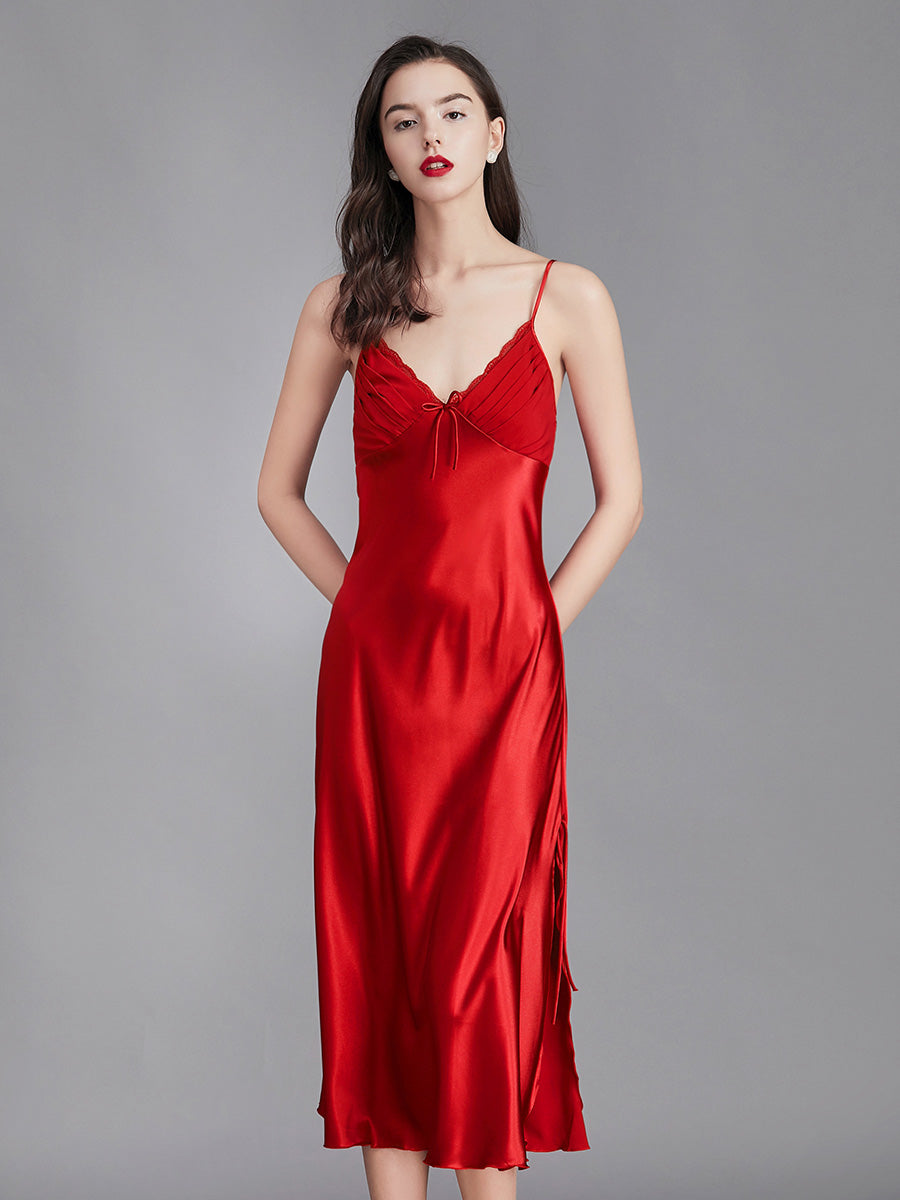 Red Silky Lace Trim Slip Dress