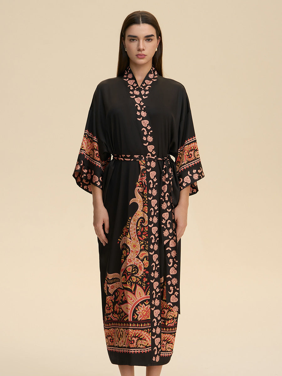 Black Paisley Satin Kimono Robe