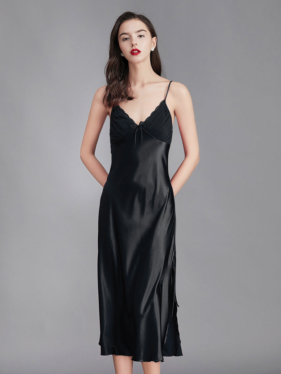 Black Silky Lace Trim Slip Dress