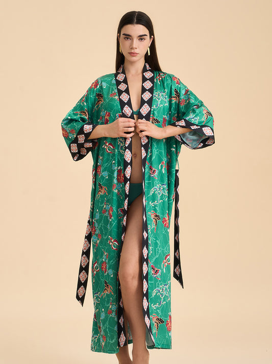Green Floral Butterfly Satin Kimono Robe