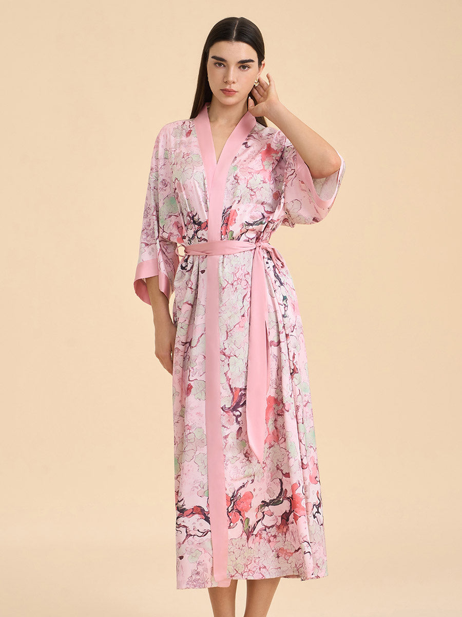 Pink Oriental Vine Satin Kimono Robe