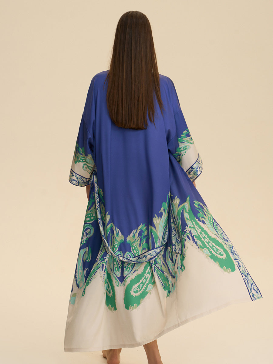 Royal Blue Paisley Satin Kimono Robe