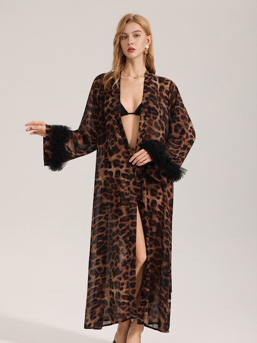 Leopard Print Satin Robe with Tulle Cuffs